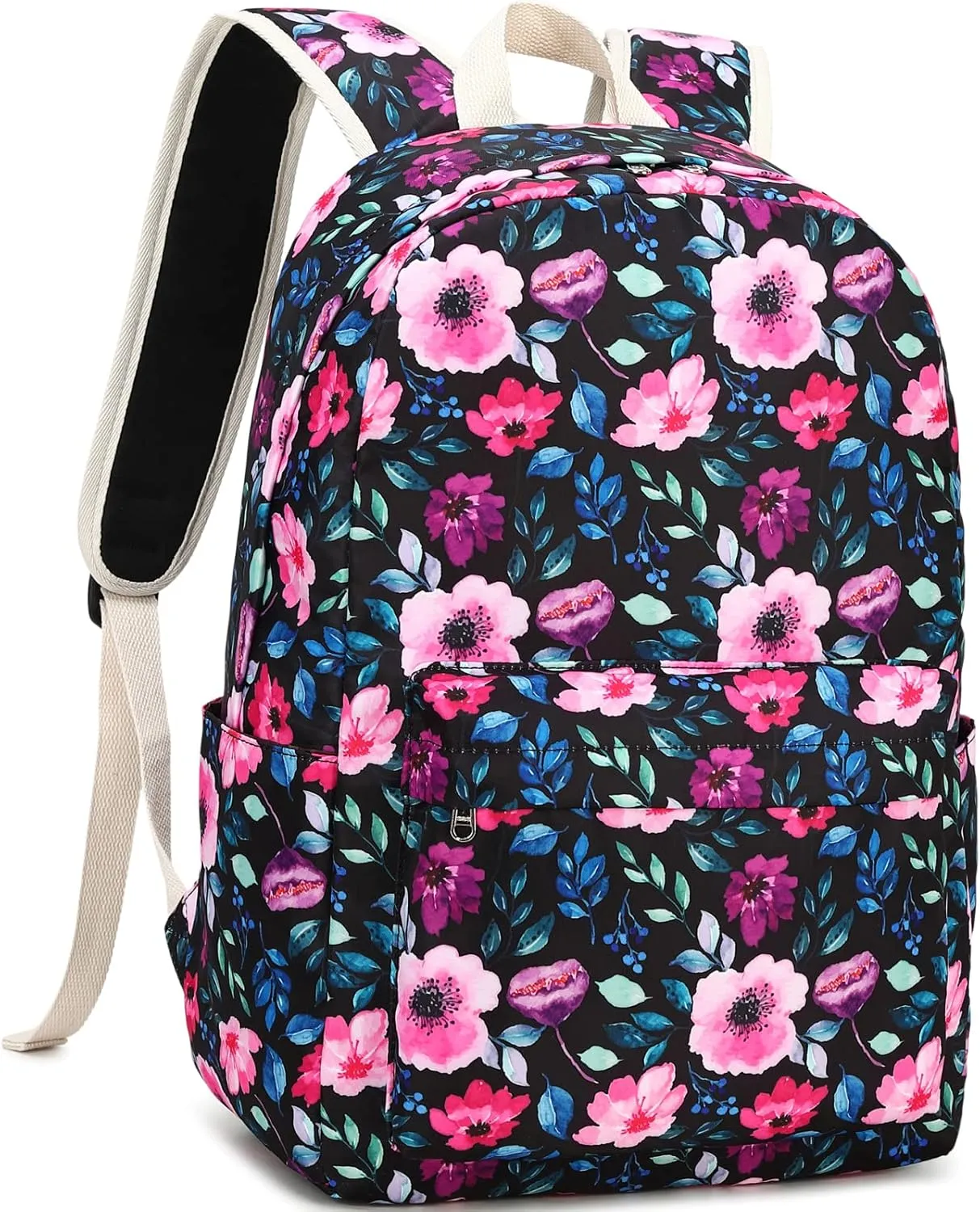 DSIUE Kids Backpack for Girls Elementary BookBags Teens Middle School Backpack with Lunch Box Flower Black