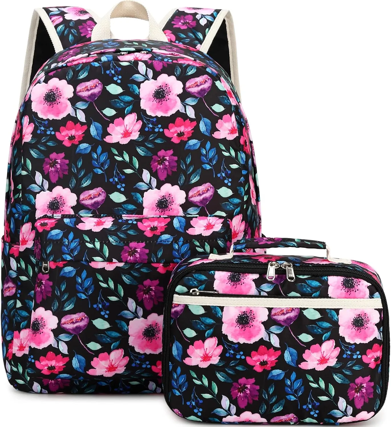 DSIUE Kids Backpack for Girls Elementary BookBags Teens Middle School Backpack with Lunch Box Flower Black