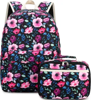 DSIUE Kids Backpack for Girls Elementary BookBags Teens Middle School Backpack with Lunch Box Flower Black