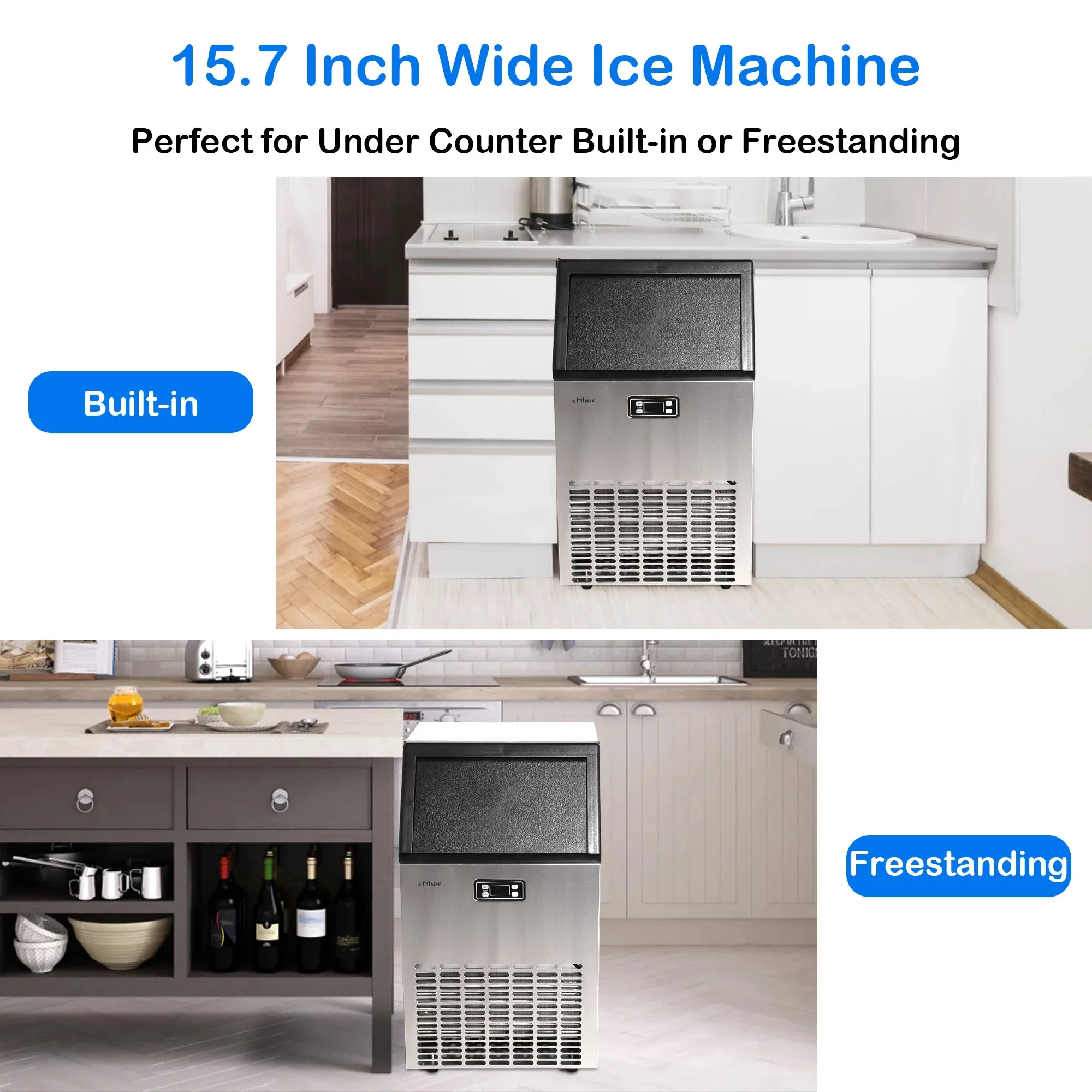 E-Macht Commercial 100lbs/24H Ice Maker Machine Built-in Stainless Steel Ice Maker Machine with a smart LCD panel