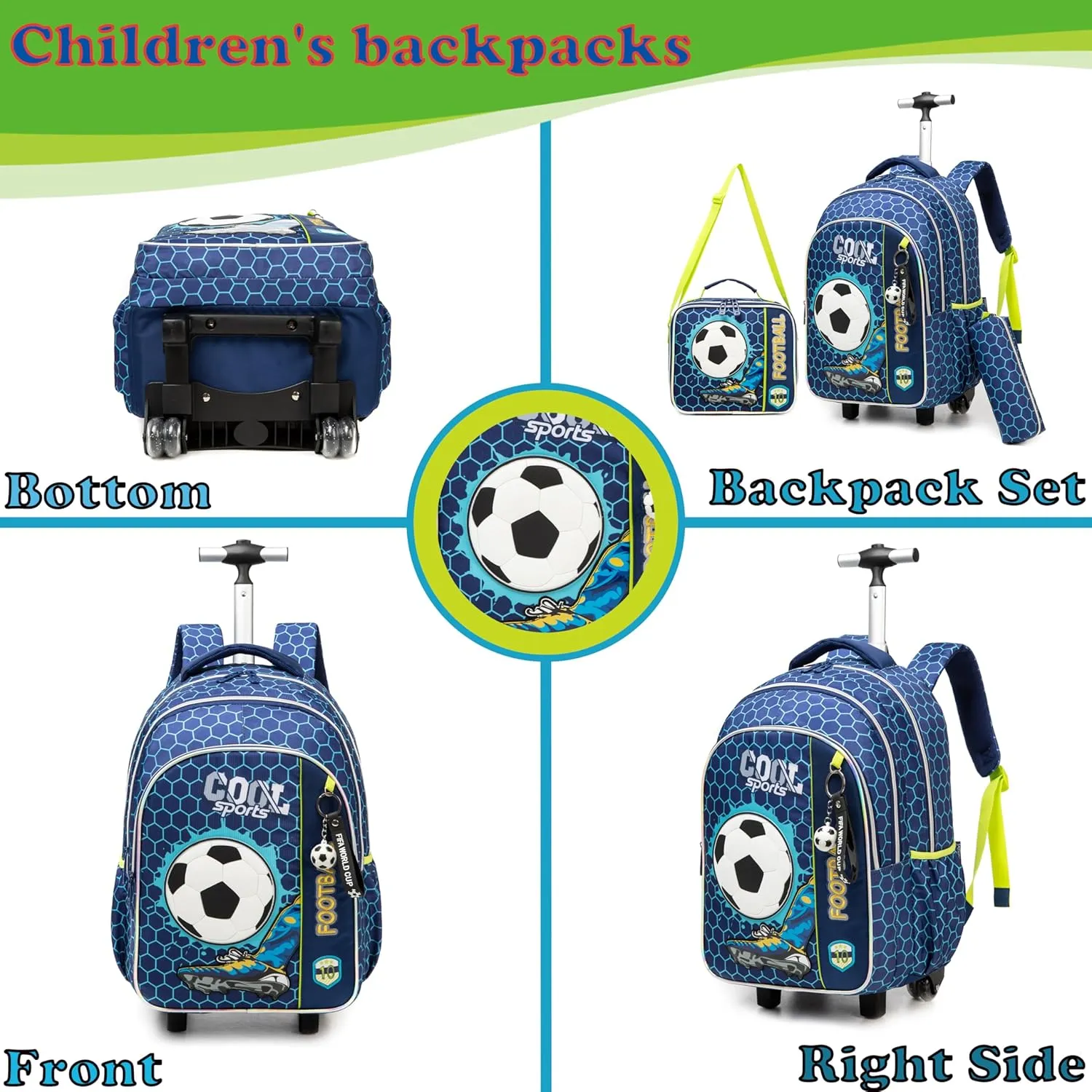 Egchescebo Kids Football Rolling Backpack for Boys Suitcases Trolley Backpacks with Wheels 17 3pcs Roller Luggage Backpacks with Lunch Box Pencil Case for Elementary Boy Travel Soccer school Bag Blue