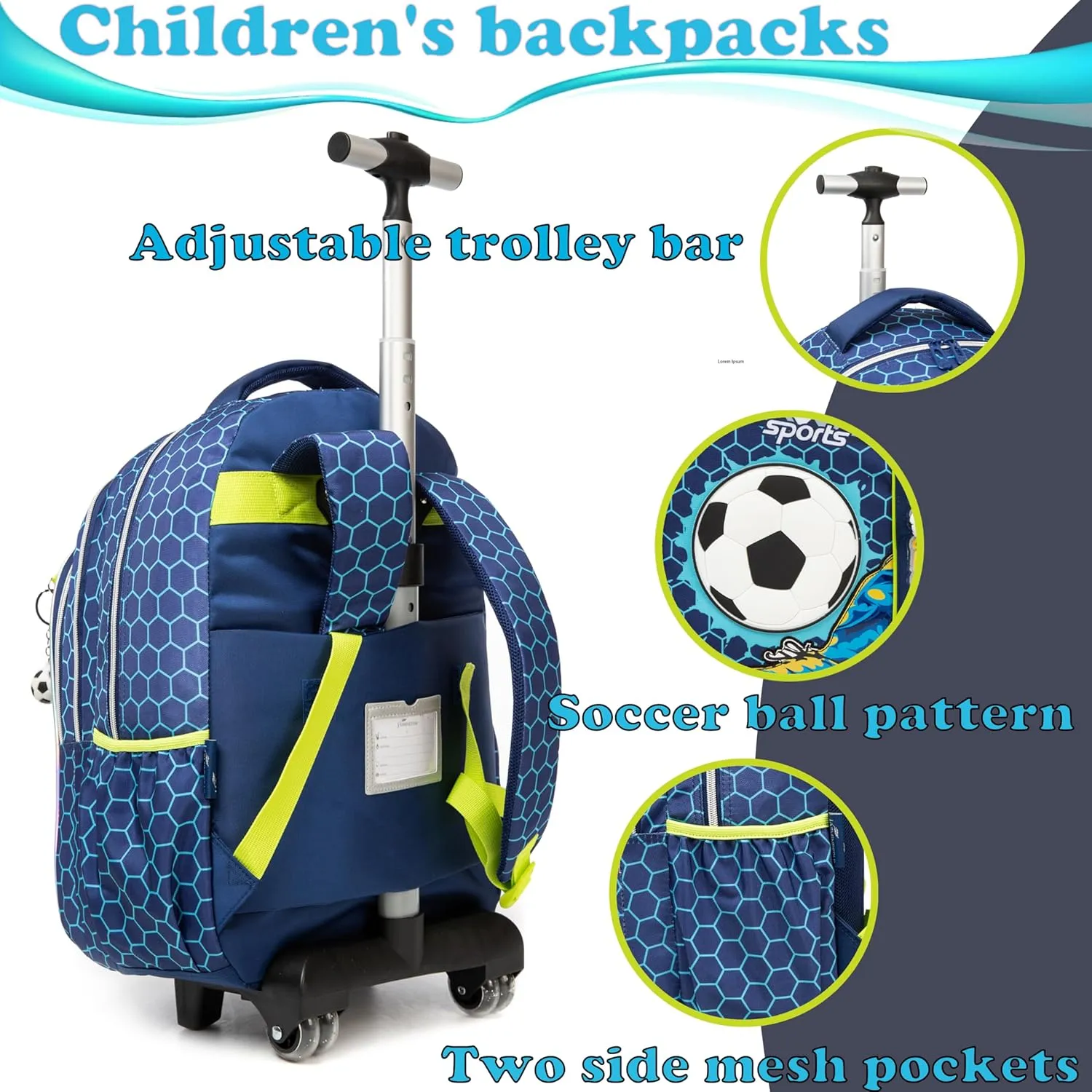 Egchescebo Kids Football Rolling Backpack for Boys Suitcases Trolley Backpacks with Wheels 17 3pcs Roller Luggage Backpacks with Lunch Box Pencil Case for Elementary Boy Travel Soccer school Bag Blue