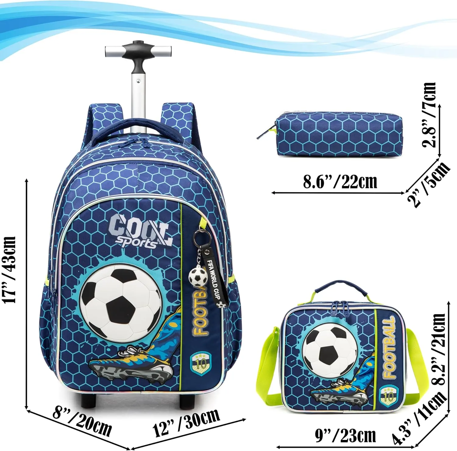 Egchescebo Kids Football Rolling Backpack for Boys Suitcases Trolley Backpacks with Wheels 17 3pcs Roller Luggage Backpacks with Lunch Box Pencil Case for Elementary Boy Travel Soccer school Bag Blue
