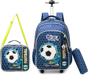 Egchescebo Kids Football Rolling Backpack for Boys Suitcases Trolley Backpacks with Wheels 17 3pcs Roller Luggage Backpacks with Lunch Box Pencil Case for Elementary Boy Travel Soccer school Bag Blue