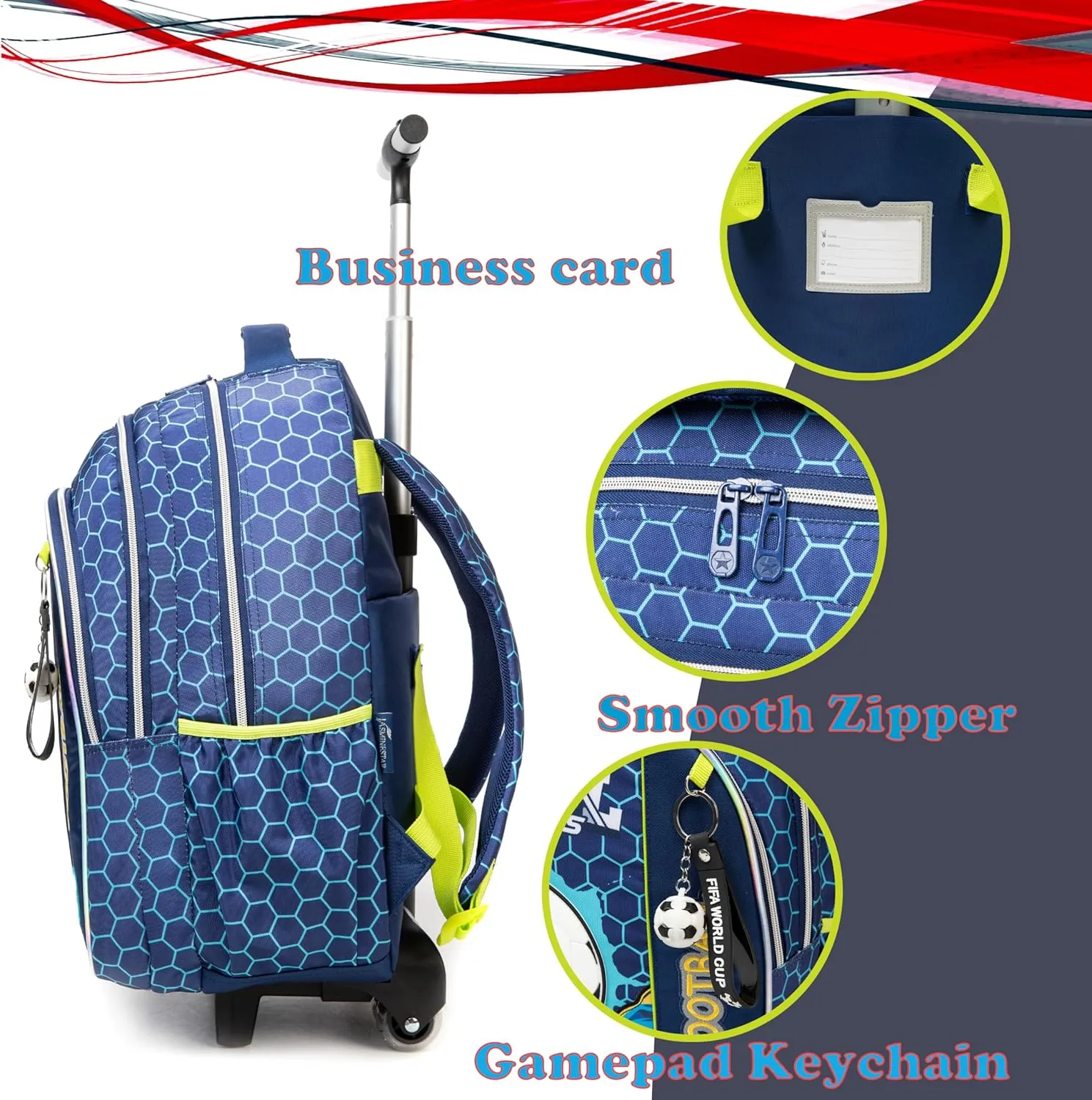 Egchescebo Kids Football Rolling Backpack for Boys Suitcases Trolley Backpacks with Wheels 17 3pcs Roller Luggage Backpacks with Lunch Box Pencil Case for Elementary Boy Travel Soccer school Bag Blue