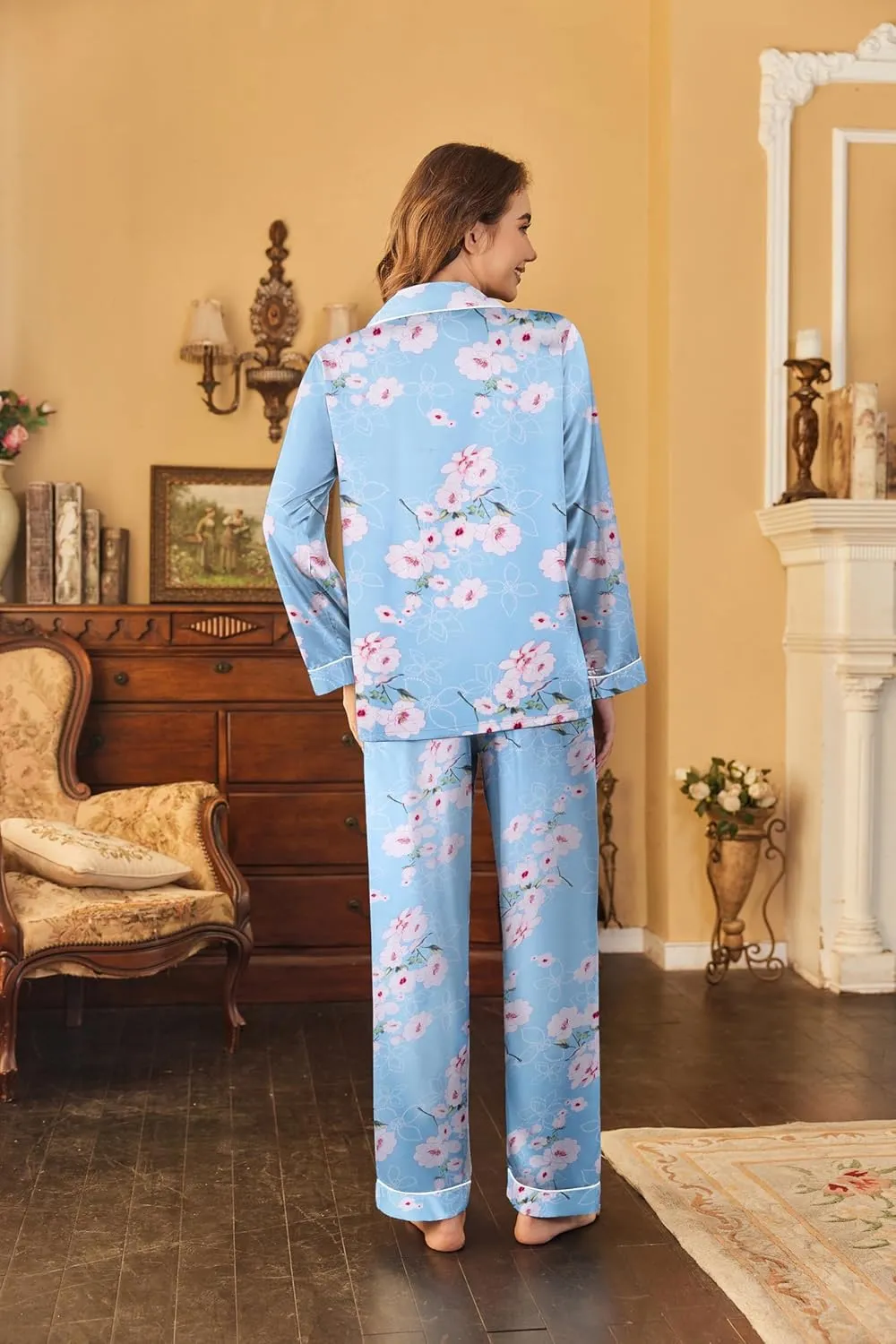 Ekouaer Women's Classic Button Down Long Satin Silk Pajama Set