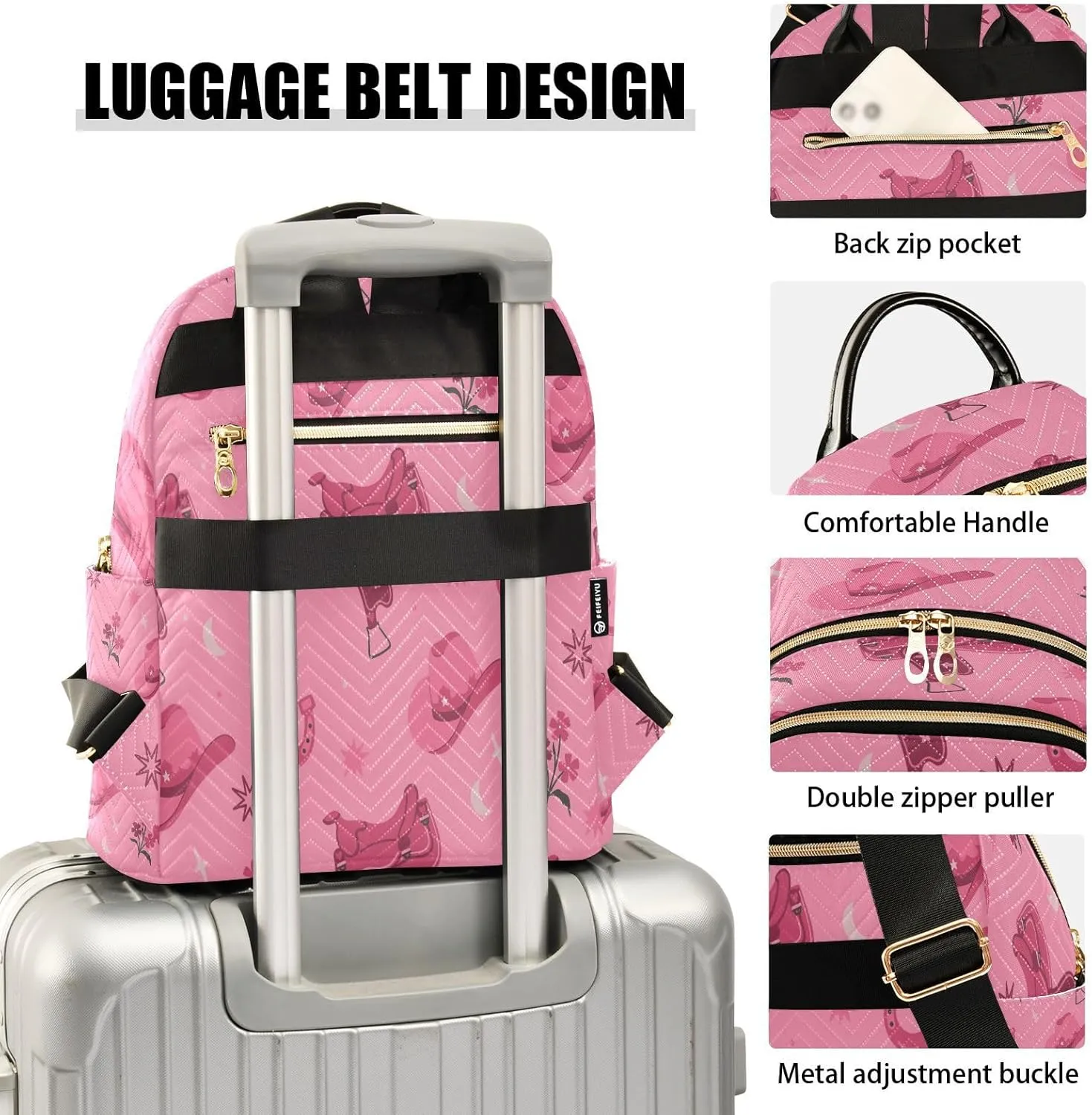 Exnundod Backpack Purse for Women Cowboy Hats Saddles Printed, Mini Backpack Casual Backpack Pink Travel Daypack,Medium