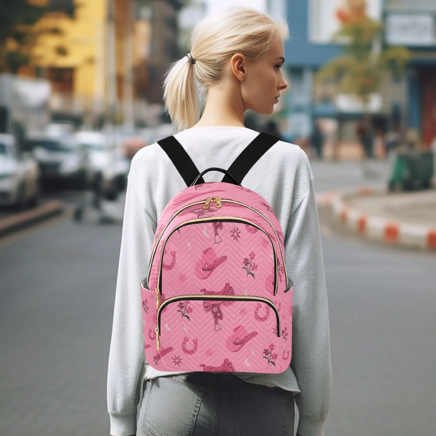 Exnundod Backpack Purse for Women Cowboy Hats Saddles Printed, Mini Backpack Casual Backpack Pink Travel Daypack,Medium