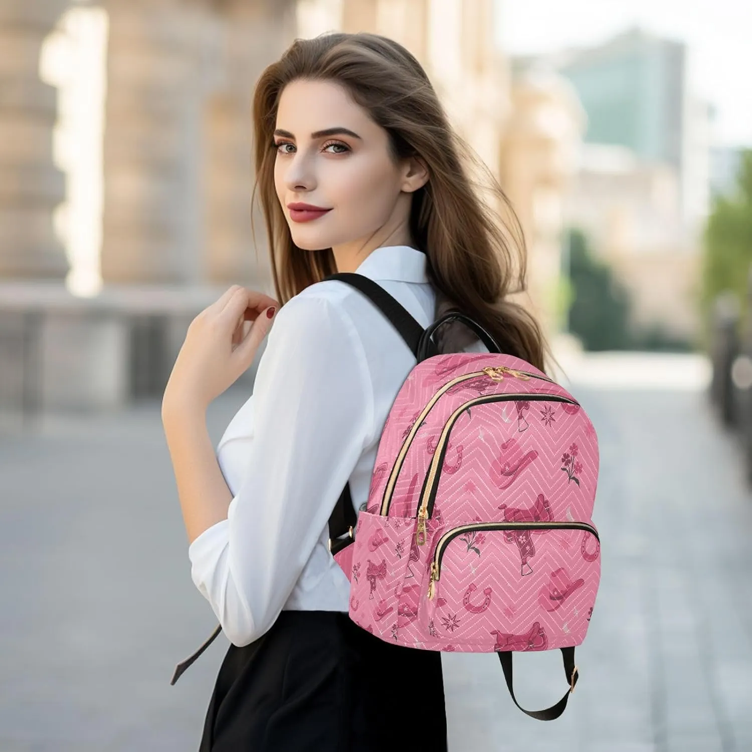 Exnundod Backpack Purse for Women Cowboy Hats Saddles Printed, Mini Backpack Casual Backpack Pink Travel Daypack,Medium