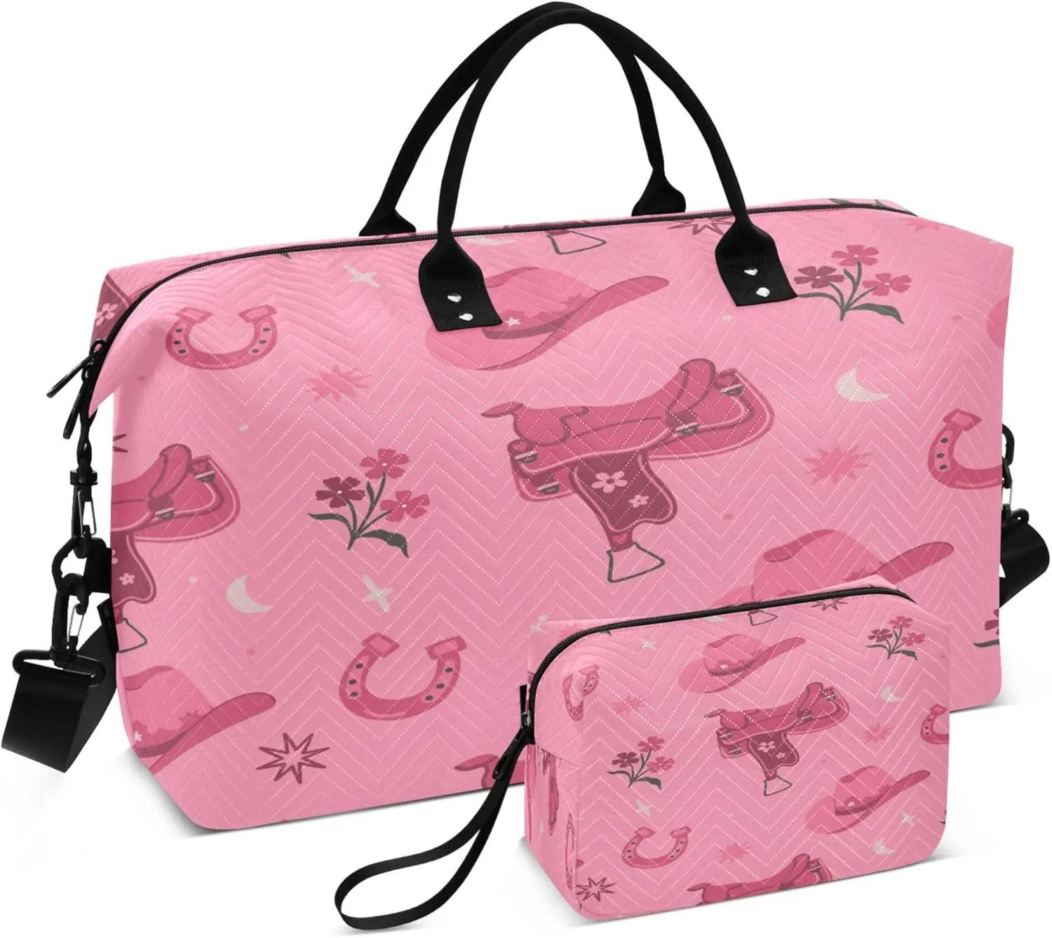 Exnundod Cowboy Hats Saddles Travel Duffel Bags for Women Pink Sports Gym Bag Weekender Carry On Tote Overnight Luggage Duffle Bags
