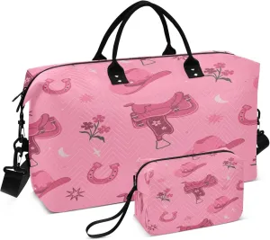 Exnundod Cowboy Hats Saddles Travel Duffel Bags for Women Pink Sports Gym Bag Weekender Carry On Tote Overnight Luggage Duffle Bags