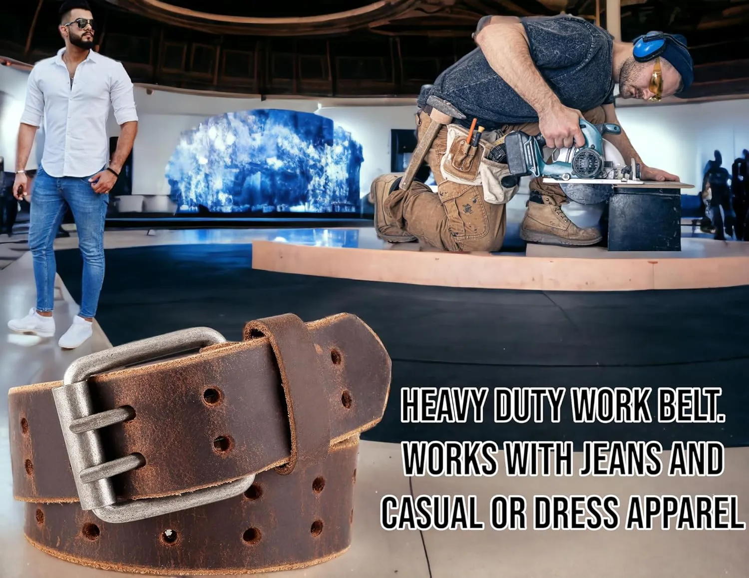 F&L CLASSIC Leather Work Belt, Heavy Duty Double Prong full grain Leather Belts for Men 1 1/2", Mens Casual Belts for Jeans