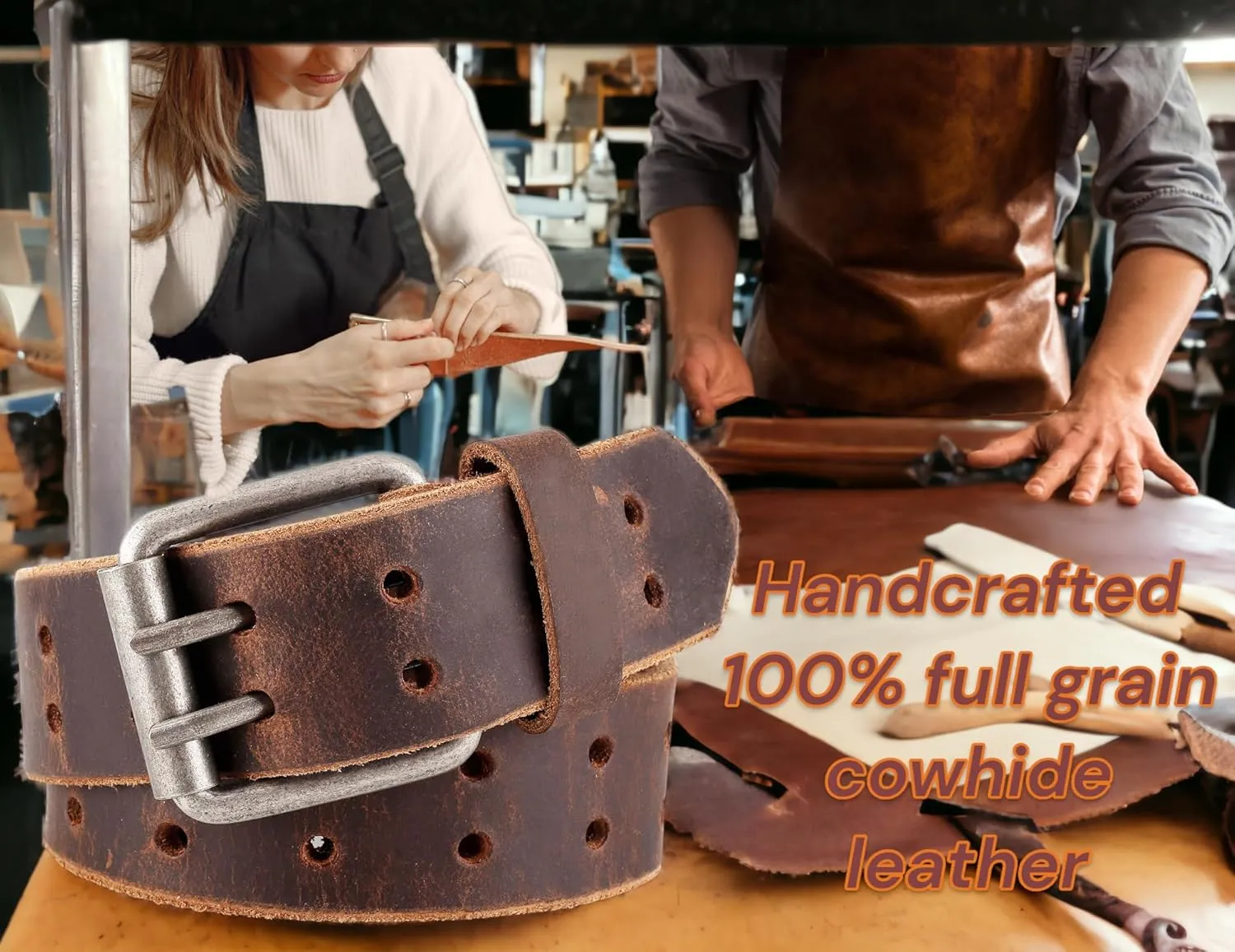 F&L CLASSIC Leather Work Belt, Heavy Duty Double Prong full grain Leather Belts for Men 1 1/2", Mens Casual Belts for Jeans