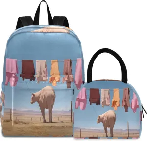 Farm Background Laundry on a Line Backpack Set Cooler Bags Insulated Waterproof, Girl Backpacks with Lunchbox