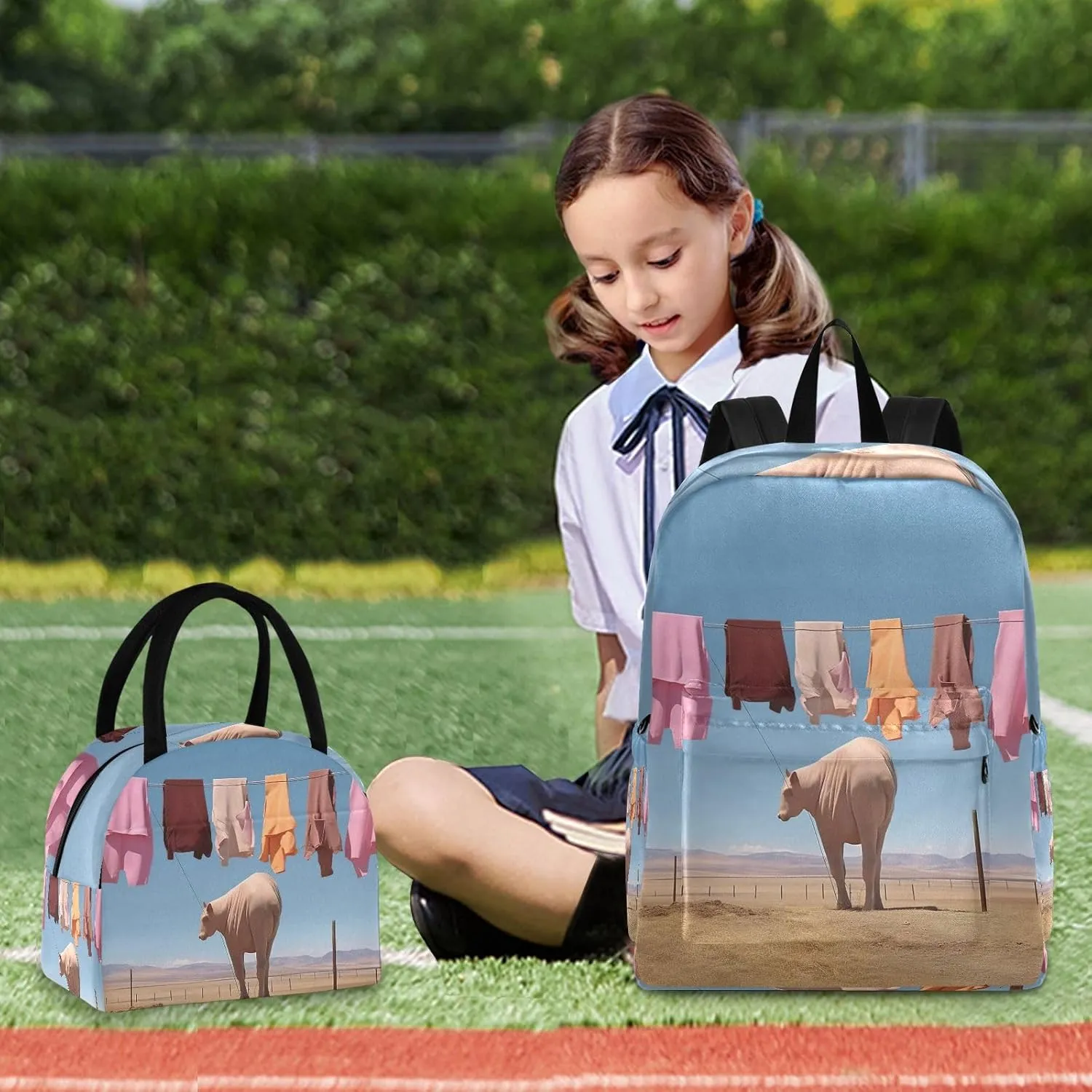 Farm Background Laundry on a Line Backpack Set Cooler Bags Insulated Waterproof, Girl Backpacks with Lunchbox