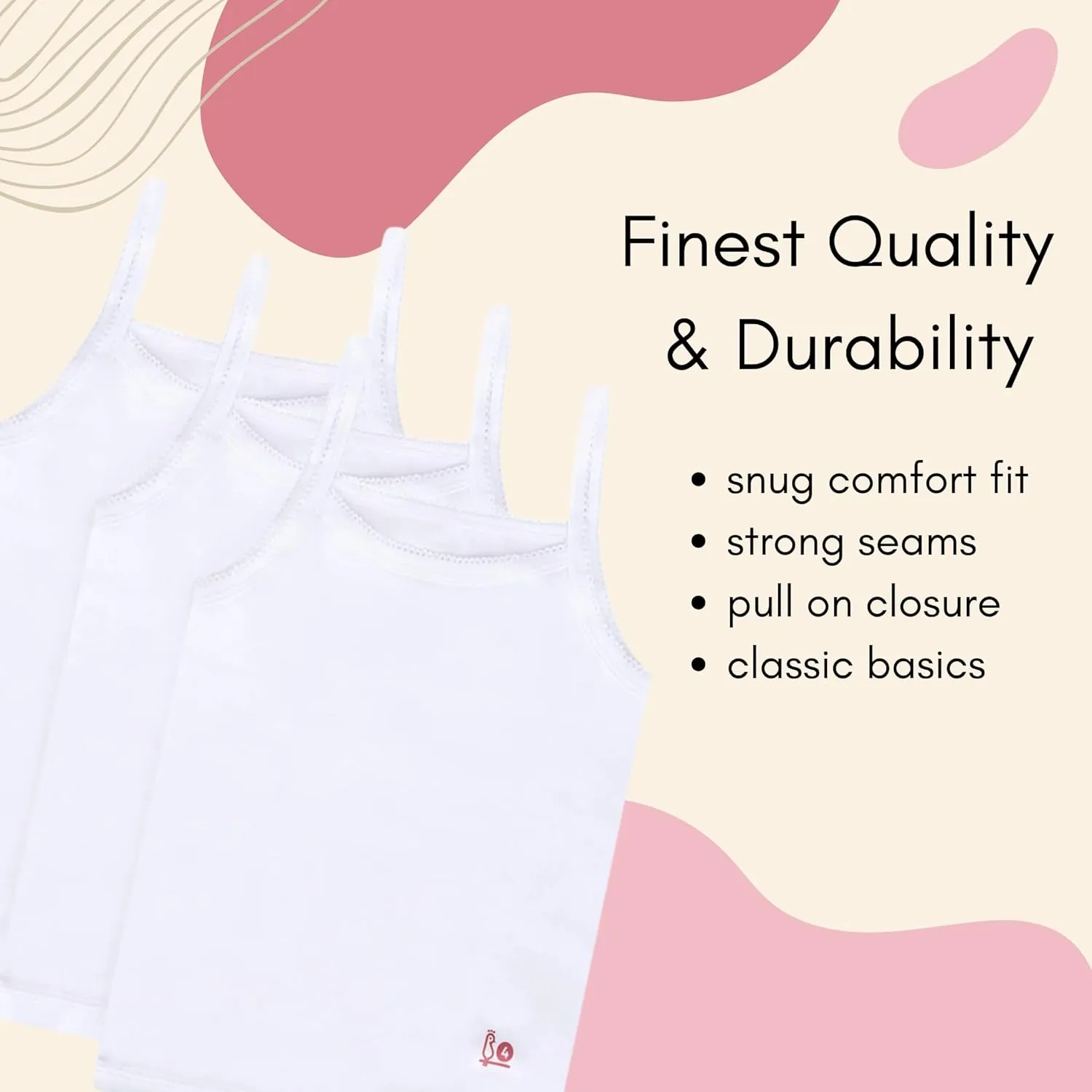 Feathers Girls Solid White Snug Fit Tagless Cami Vest - 100% Cotton Super Soft Undershirts (3/Pack)