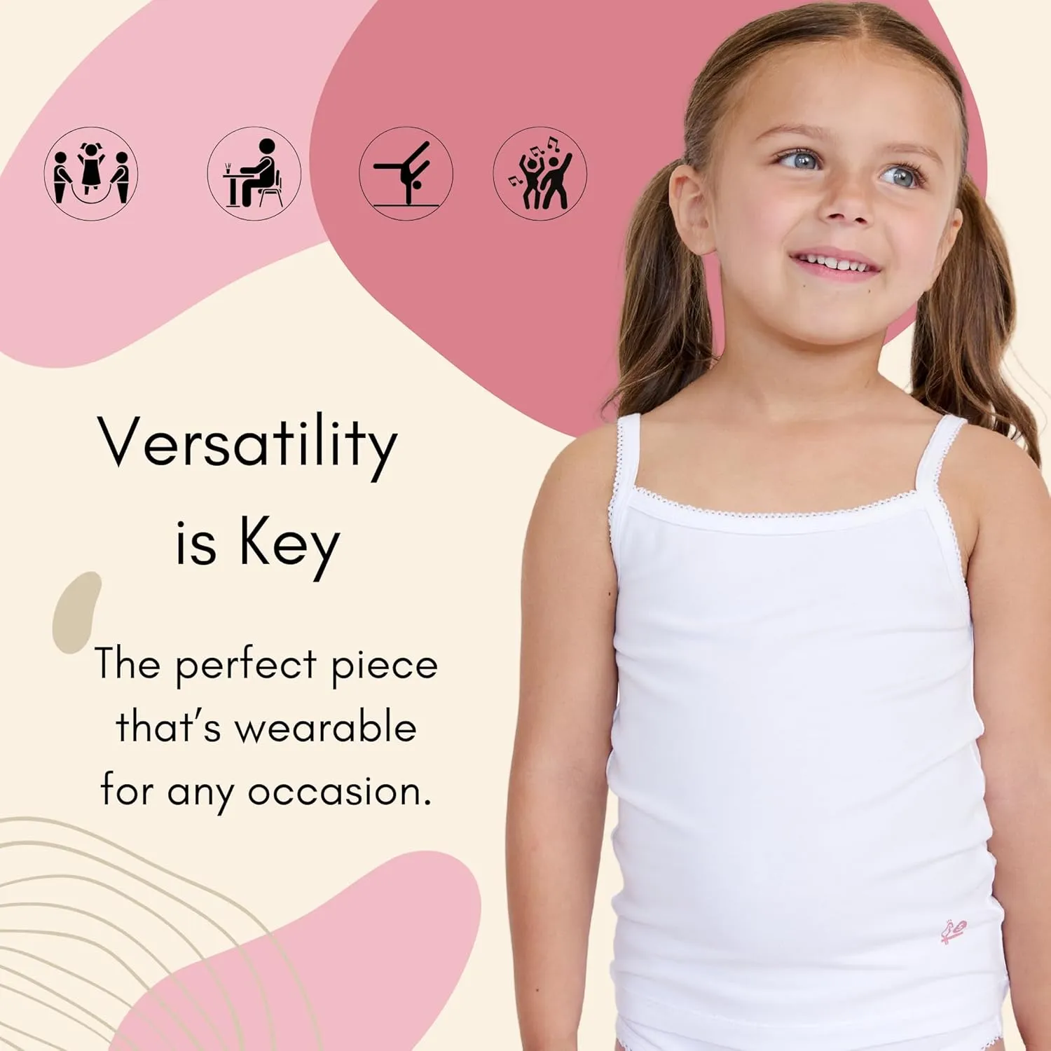 Feathers Girls Solid White Snug Fit Tagless Cami Vest - 100% Cotton Super Soft Undershirts (3/Pack)