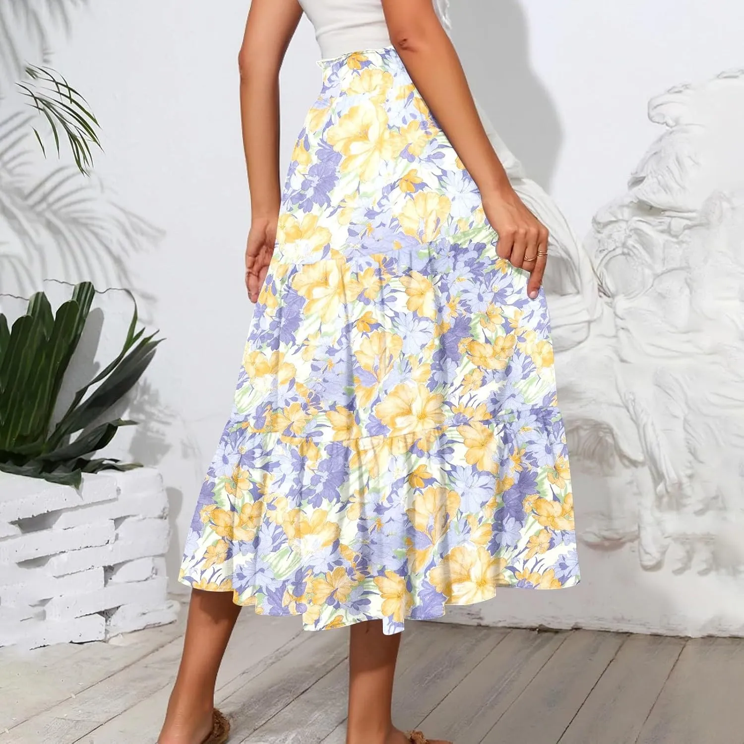 Floral Midi Skirts for Women High Waisted Knee Length Flowy Boho Skirts Casual Tiered A Line Skirt with Pockets