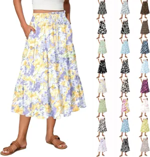 Floral Midi Skirts for Women High Waisted Knee Length Flowy Boho Skirts Casual Tiered A Line Skirt with Pockets