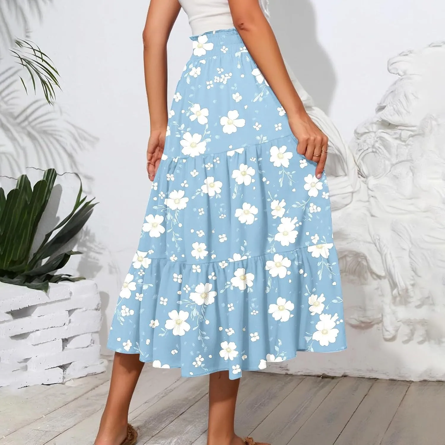 Floral Midi Skirts for Women High Waisted Knee Length Flowy Boho Skirts Casual Tiered A Line Skirt with Pockets