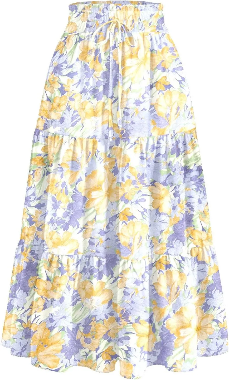 Floral Midi Skirts for Women High Waisted Knee Length Flowy Boho Skirts Casual Tiered A Line Skirt with Pockets