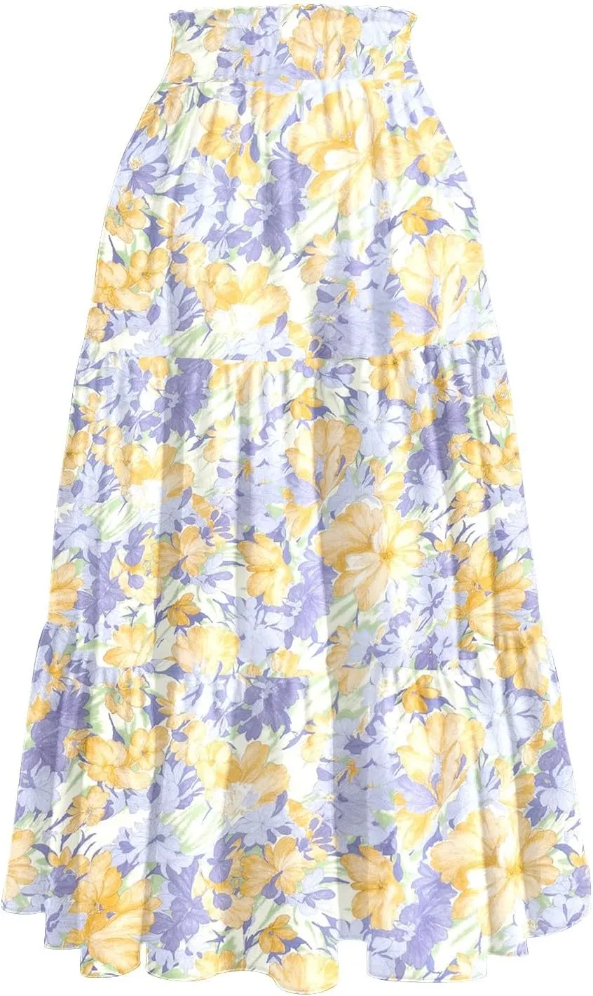 Floral Midi Skirts for Women High Waisted Knee Length Flowy Boho Skirts Casual Tiered A Line Skirt with Pockets