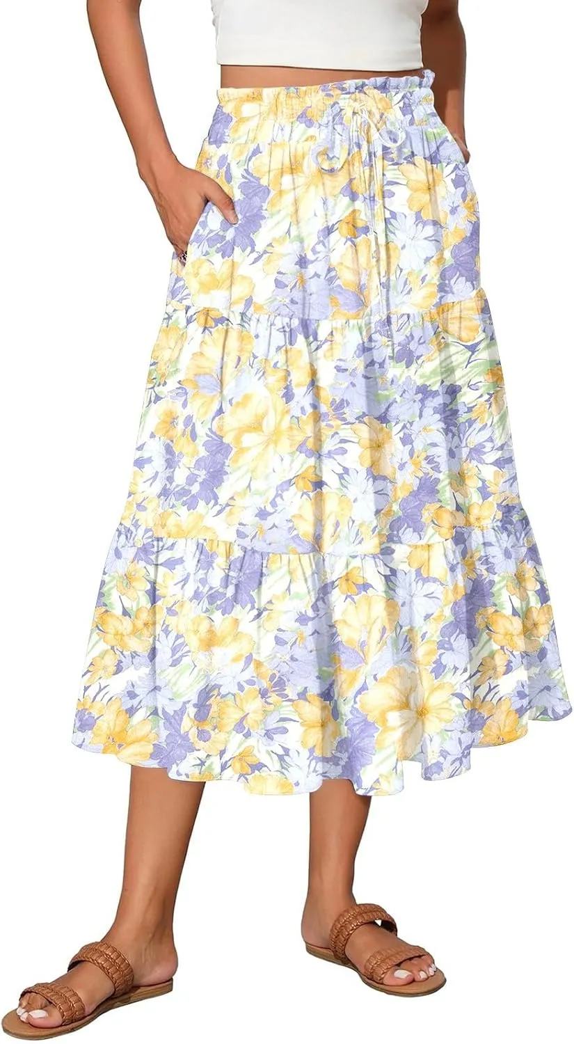 Floral Midi Skirts for Women High Waisted Knee Length Flowy Boho Skirts Casual Tiered A Line Skirt with Pockets
