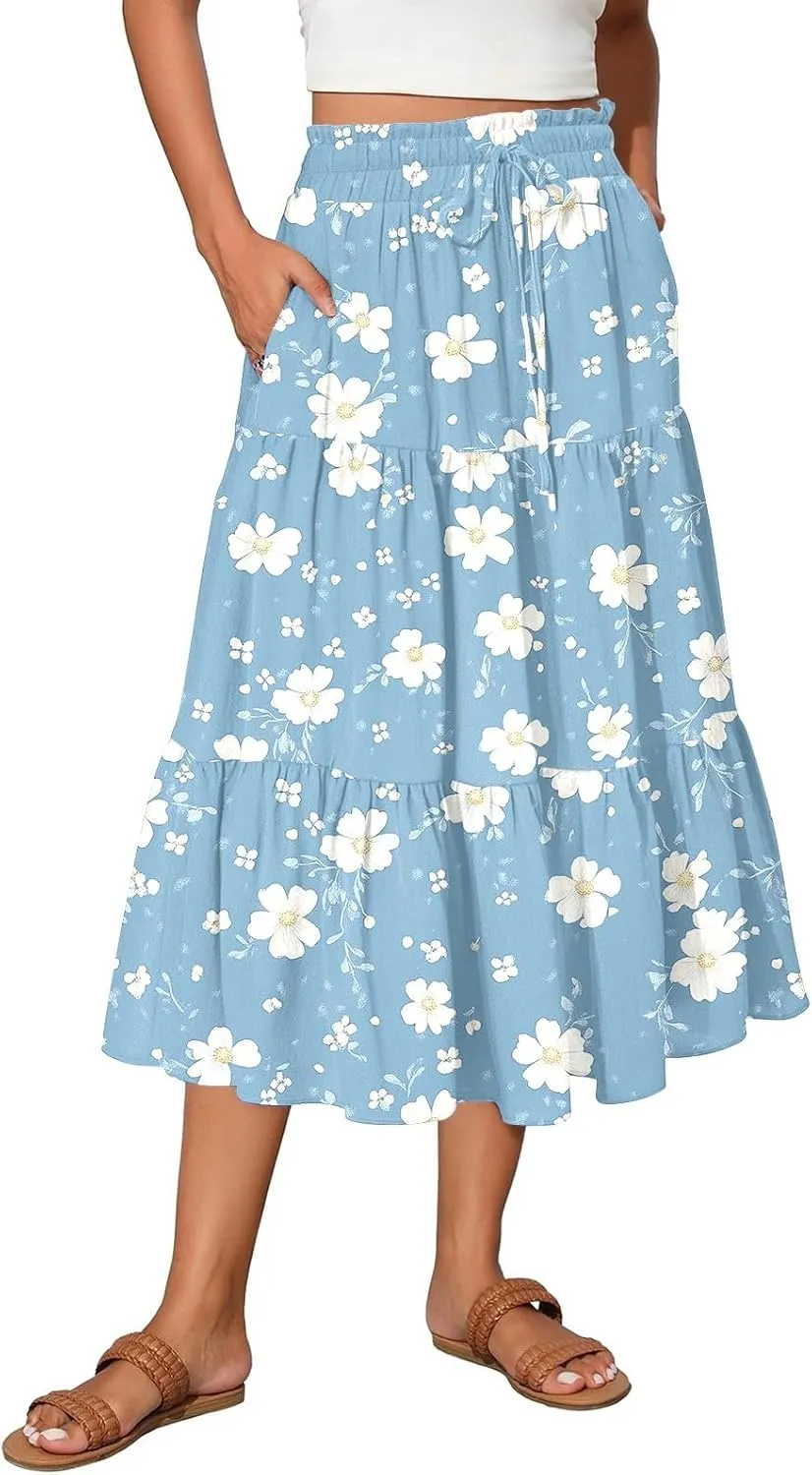 Floral Midi Skirts for Women High Waisted Knee Length Flowy Boho Skirts Casual Tiered A Line Skirt with Pockets