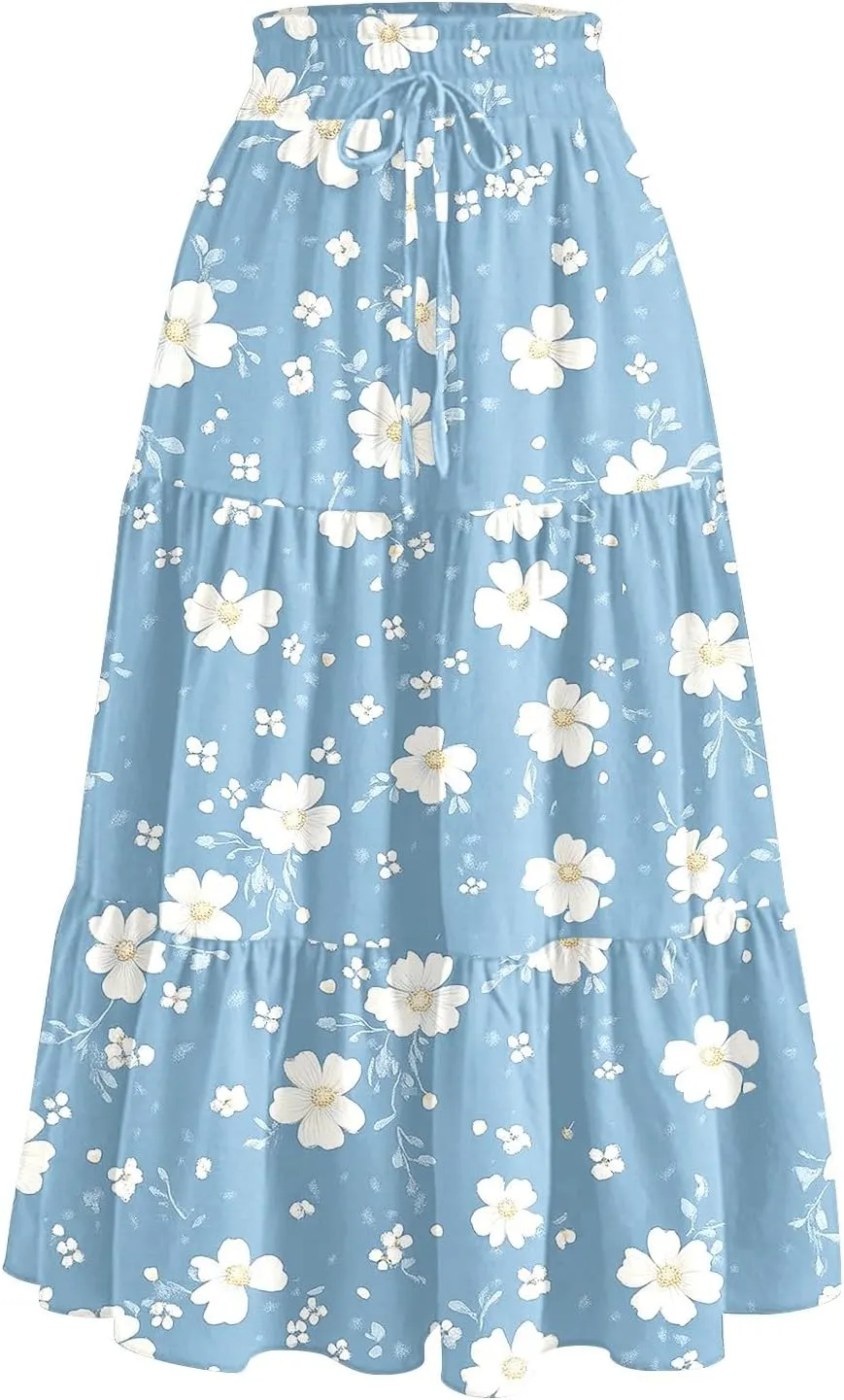 Floral Midi Skirts for Women High Waisted Knee Length Flowy Boho Skirts Casual Tiered A Line Skirt with Pockets