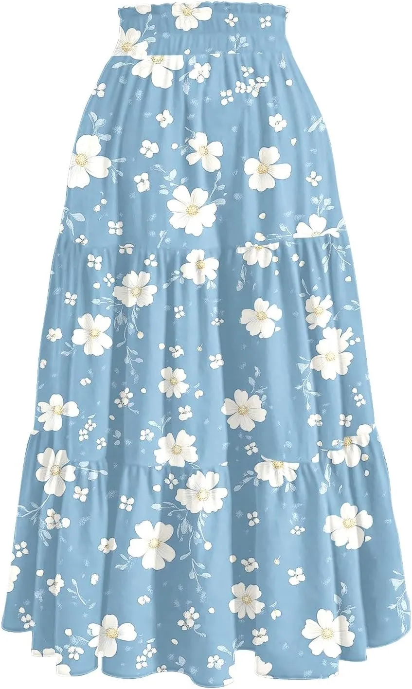 Floral Midi Skirts for Women High Waisted Knee Length Flowy Boho Skirts Casual Tiered A Line Skirt with Pockets
