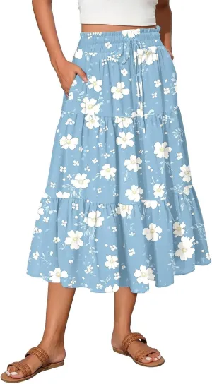 Floral Midi Skirts for Women High Waisted Knee Length Flowy Boho Skirts Casual Tiered A Line Skirt with Pockets
