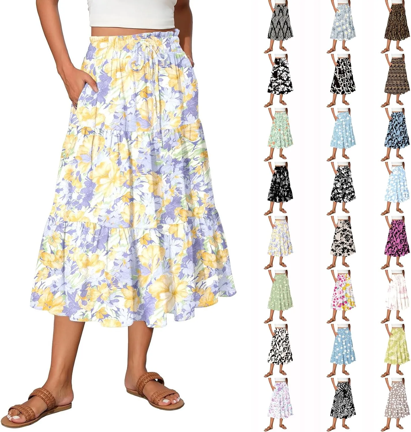 Floral Midi Skirts for Women High Waisted Knee Length Flowy Boho Skirts Casual Tiered A Line Skirt with Pockets