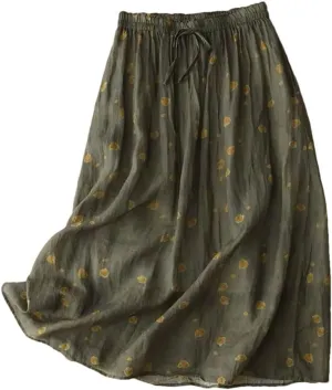 Fnfmrfmr Women Cotton Linen Loose Midi Skirt Floral Print Harajuku A-Line Long Casual Skirts