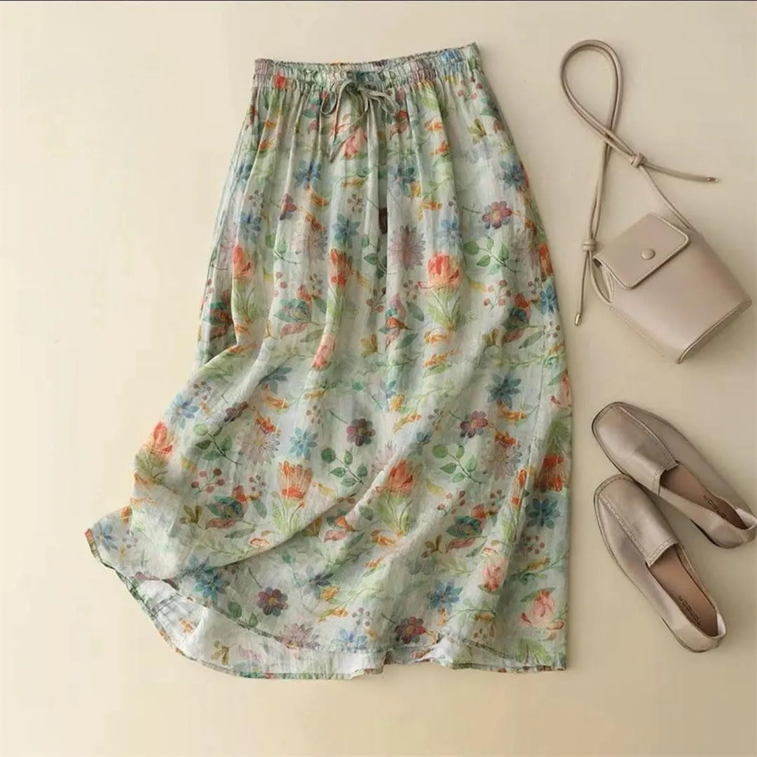 Fnfmrfmr Women Cotton Linen Loose Midi Skirt Floral Print Harajuku A-Line Long Casual Skirts