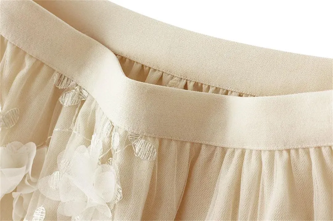 Fnfmrfmr Women Flower Mesh Embroidery Midi Skirt A-Line High Waist Harajuku Casual Long Skirts