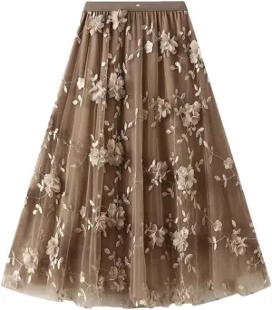 Fnfmrfmr Women Flower Mesh Embroidery Midi Skirt A-Line High Waist Harajuku Casual Long Skirts