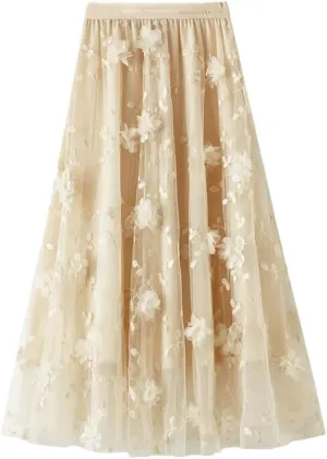 Fnfmrfmr Women Flower Mesh Embroidery Midi Skirt A-Line High Waist Harajuku Casual Long Skirts