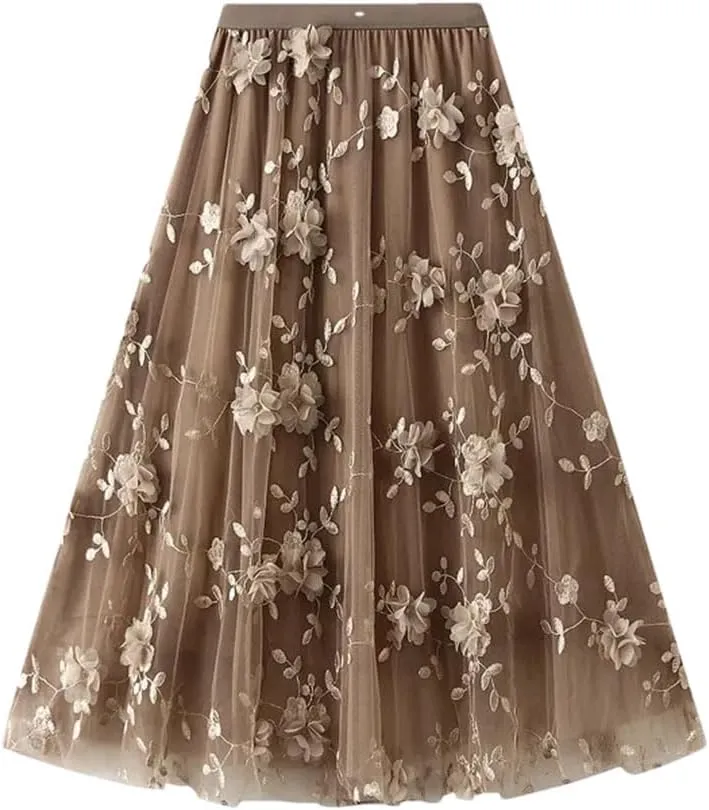 Fnfmrfmr Women Flower Mesh Embroidery Midi Skirt A-Line High Waist Harajuku Casual Long Skirts