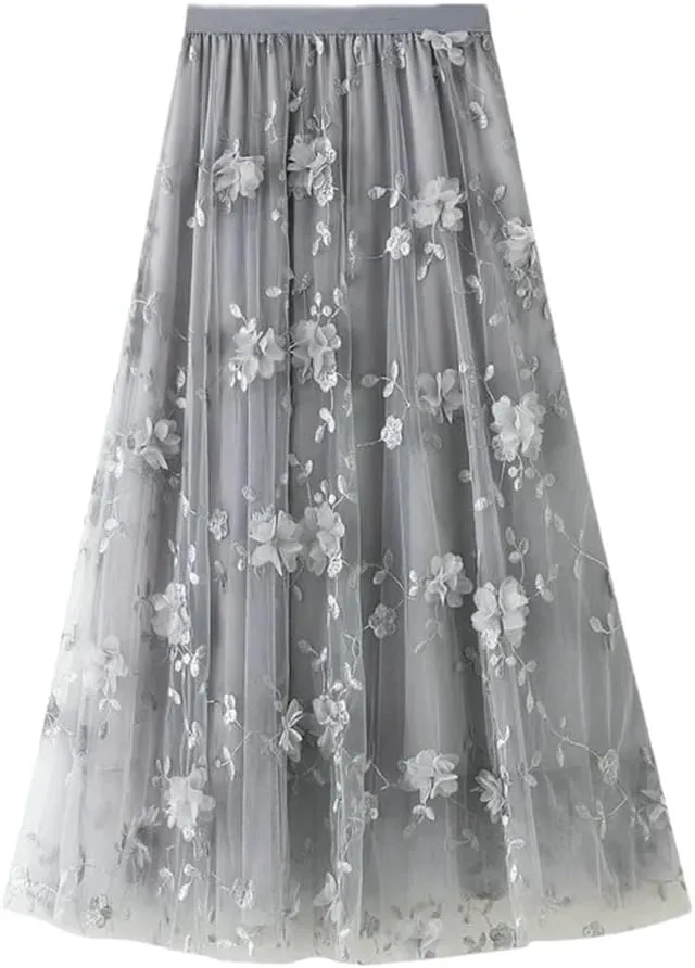 Fnfmrfmr Women Flower Mesh Embroidery Midi Skirt A-Line High Waist Harajuku Casual Long Skirts