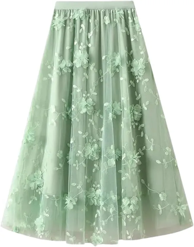 Fnfmrfmr Women Flower Mesh Embroidery Midi Skirt A-Line High Waist Harajuku Casual Long Skirts