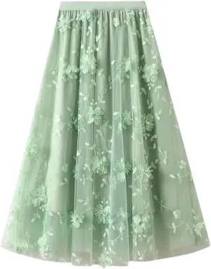 Fnfmrfmr Women Flower Mesh Embroidery Midi Skirt A-Line High Waist Harajuku Casual Long Skirts