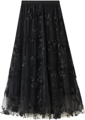 Fnfmrfmr Women Flower Mesh Embroidery Midi Skirt A-Line High Waist Harajuku Casual Long Skirts