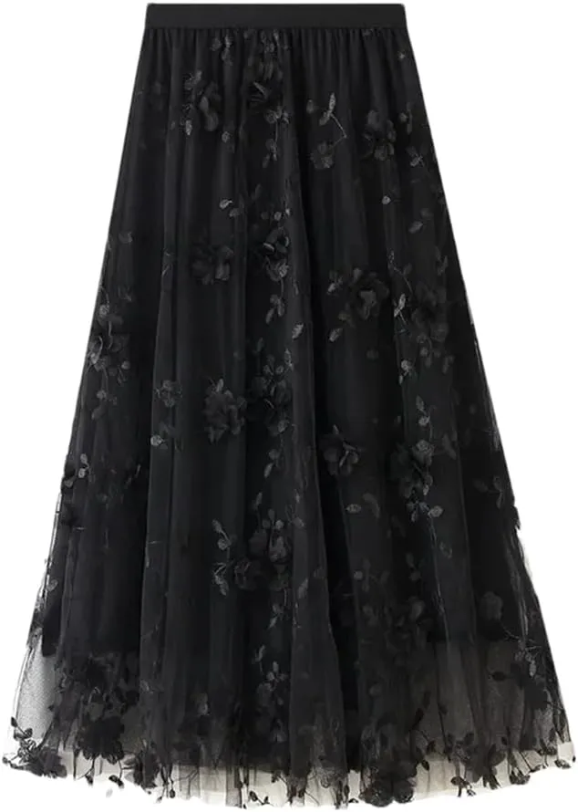 Fnfmrfmr Women Flower Mesh Embroidery Midi Skirt A-Line High Waist Harajuku Casual Long Skirts