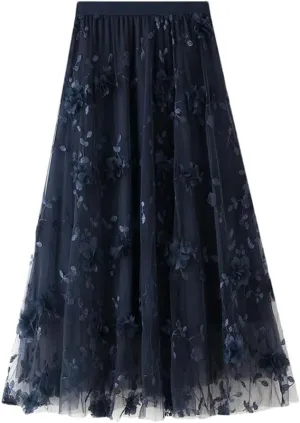 Fnfmrfmr Women Flower Mesh Embroidery Midi Skirt A-Line High Waist Harajuku Casual Long Skirts