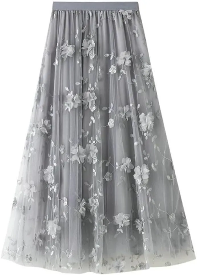 Fnfmrfmr Women Flower Mesh Embroidery Midi Skirt A-Line High Waist Harajuku Casual Long Skirts