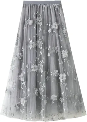 Fnfmrfmr Women Flower Mesh Embroidery Midi Skirt A-Line High Waist Harajuku Casual Long Skirts