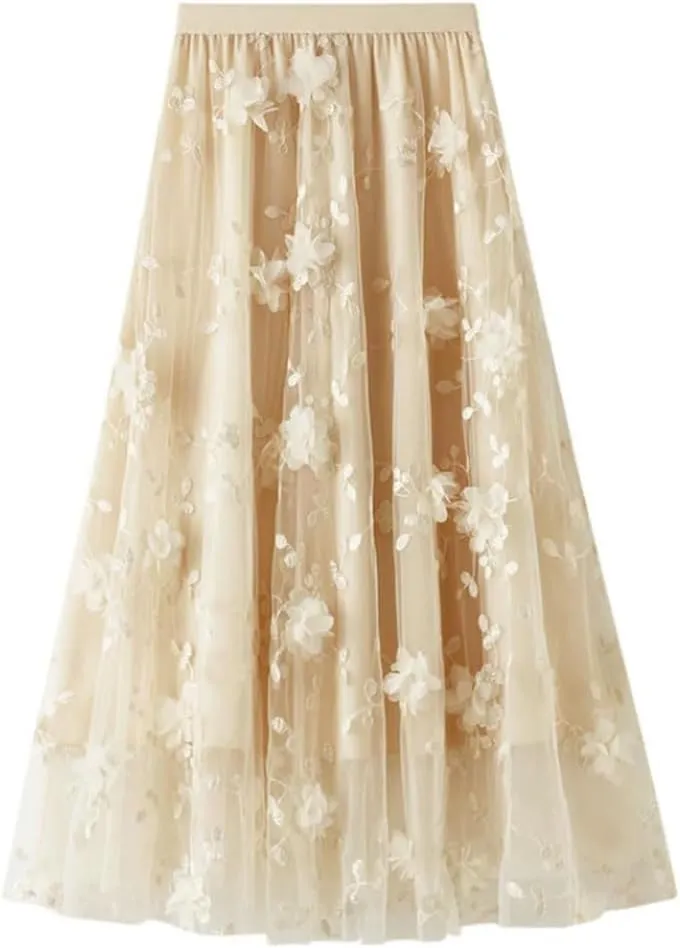 Fnfmrfmr Women Flower Mesh Embroidery Midi Skirt A-Line High Waist Harajuku Casual Long Skirts
