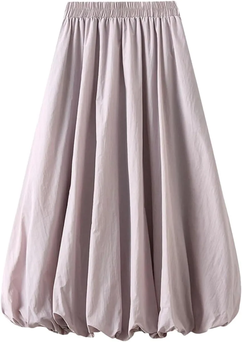 Fnfmrfmr Women Pleated Solid A-Line Skirt Elastic High Waist Loose Casual Mid Length Skirts