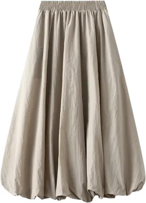 Fnfmrfmr Women Pleated Solid A-Line Skirt Elastic High Waist Loose Casual Mid Length Skirts
