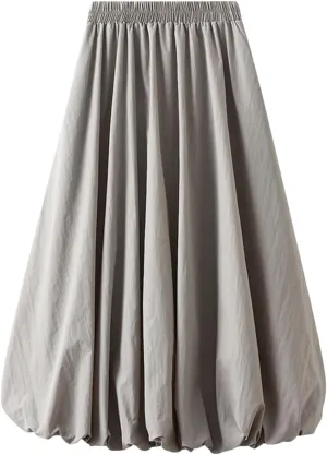 Fnfmrfmr Women Pleated Solid A-Line Skirt Elastic High Waist Loose Casual Mid Length Skirts